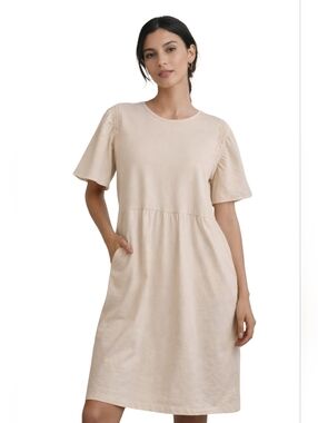 WHO WHAT WEAR Midi Dress Womens Large Beige Cream Minimalist Puff Sleeves